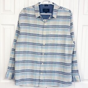 Even Tide Light Blue Stripe Plaid Linen Slim Fit Button Down Shirt XXL
